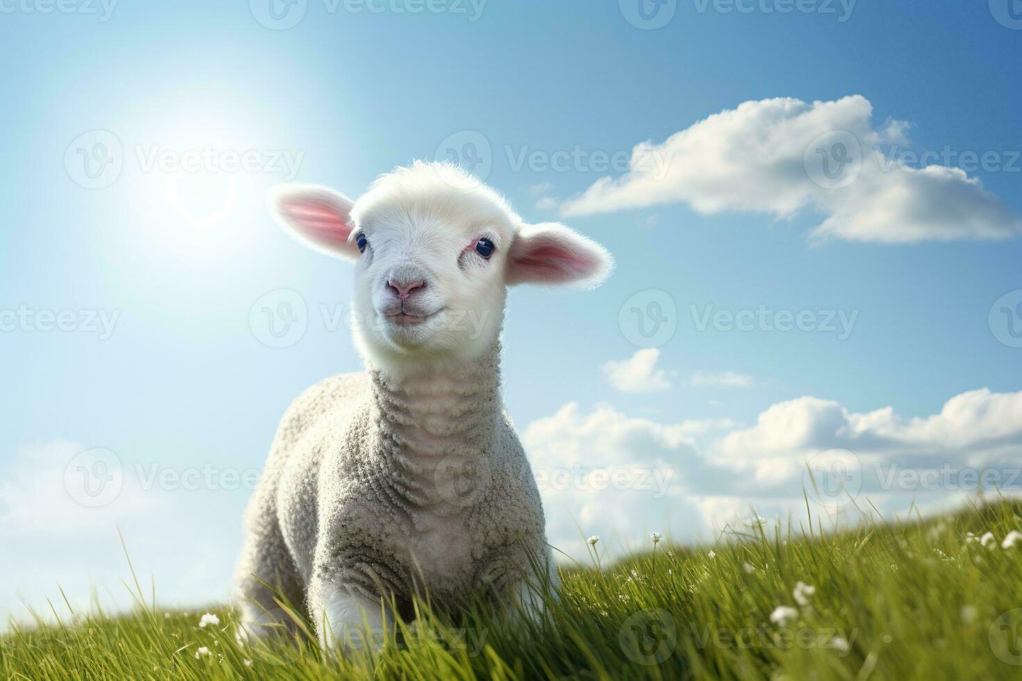 Cute lamb on green grass under blue sky with white clouds. AI generated photo