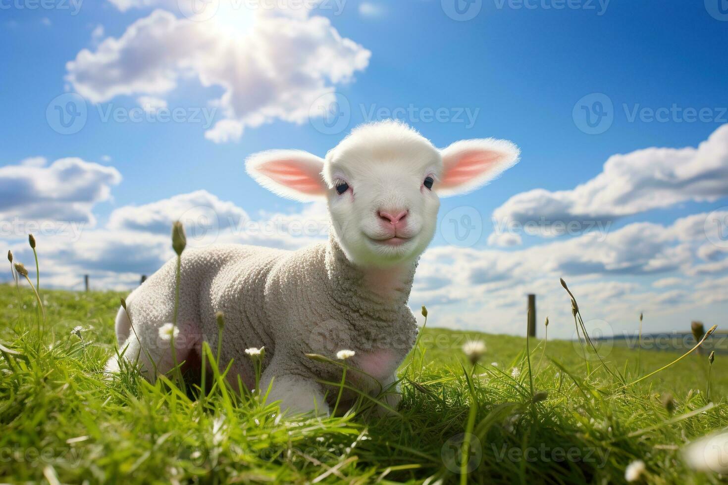 Cute lamb on green grass under blue sky with white clouds. AI generated photo