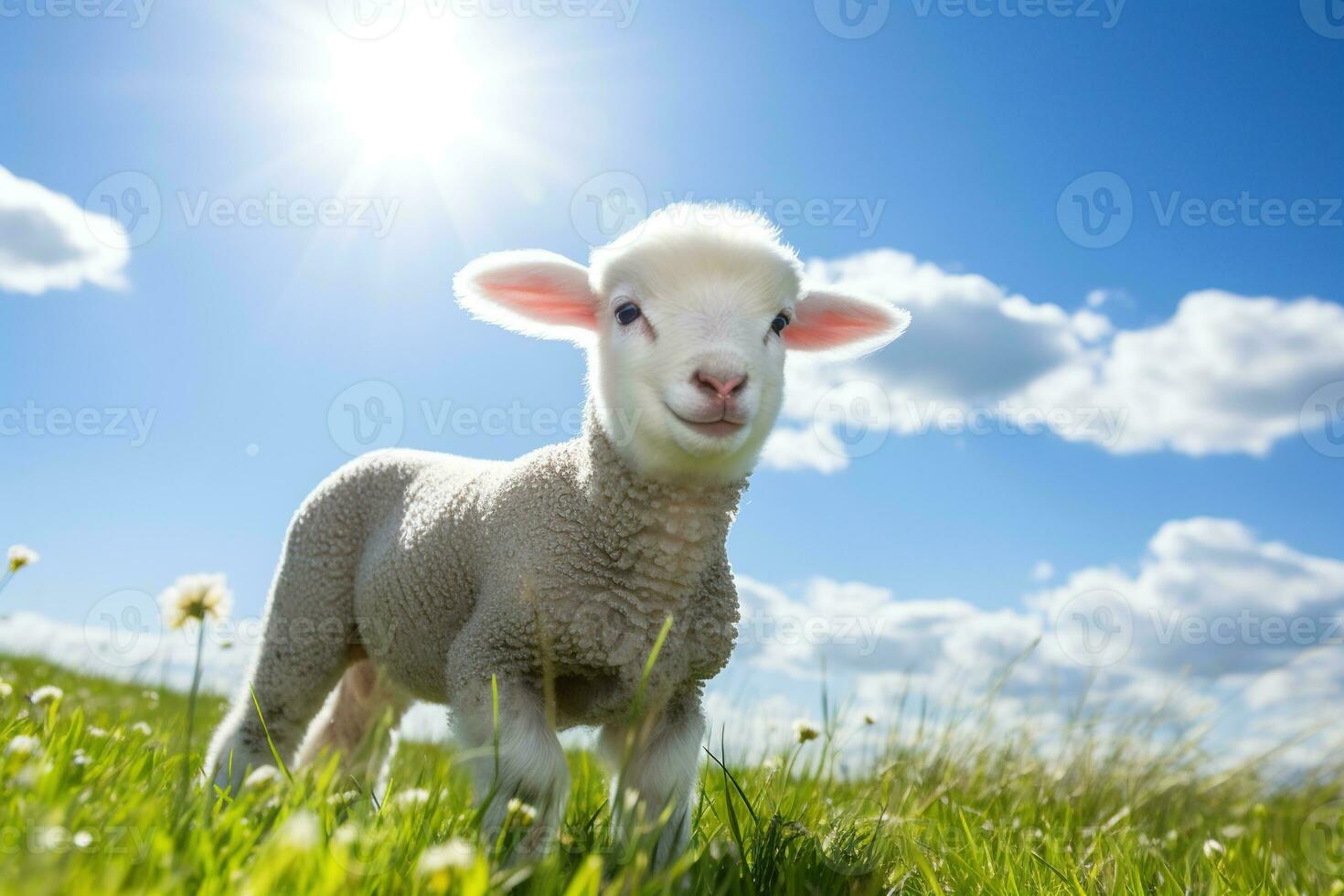 Cute lamb on green grass under blue sky with white clouds. AI generated photo