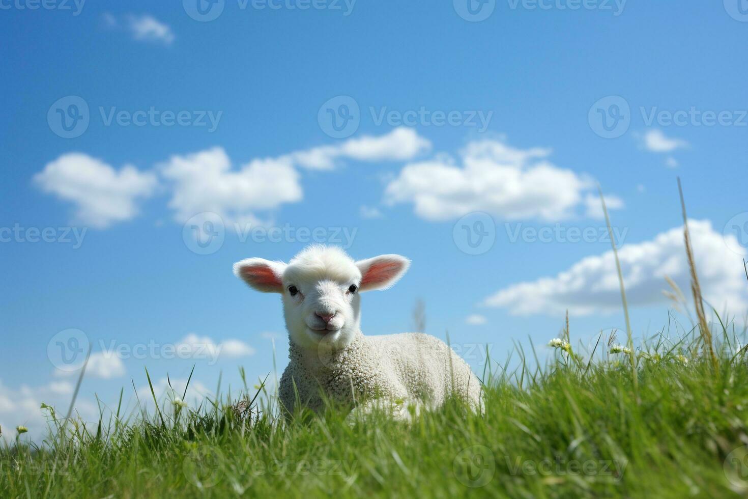 Cute lamb on green grass under blue sky with white clouds. AI generated photo