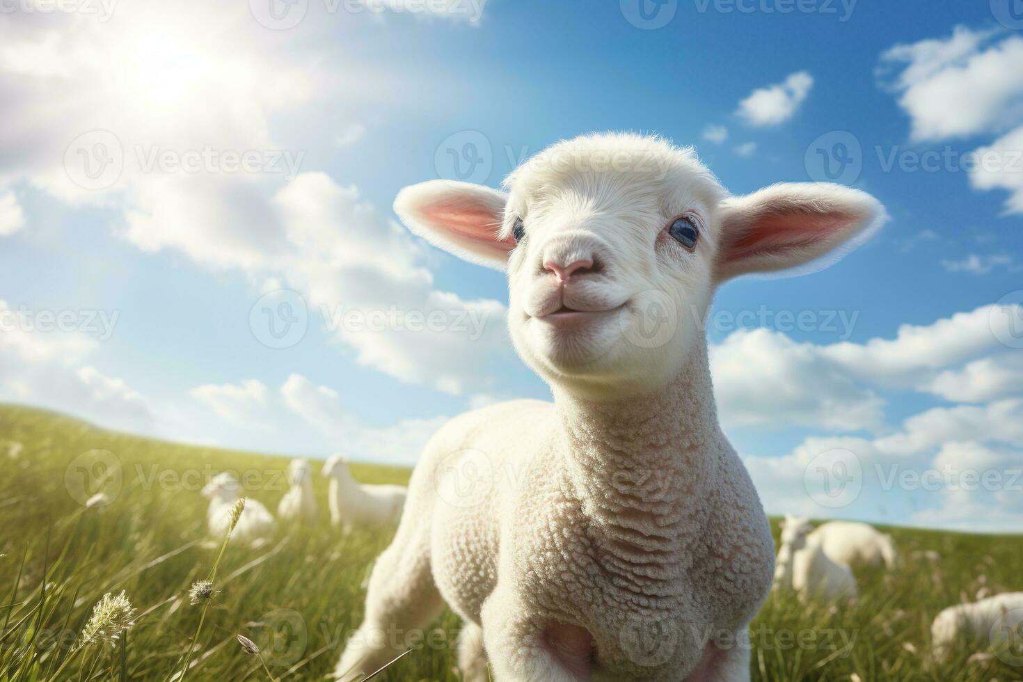 Cute lamb on green grass under blue sky with white clouds. AI generated photo