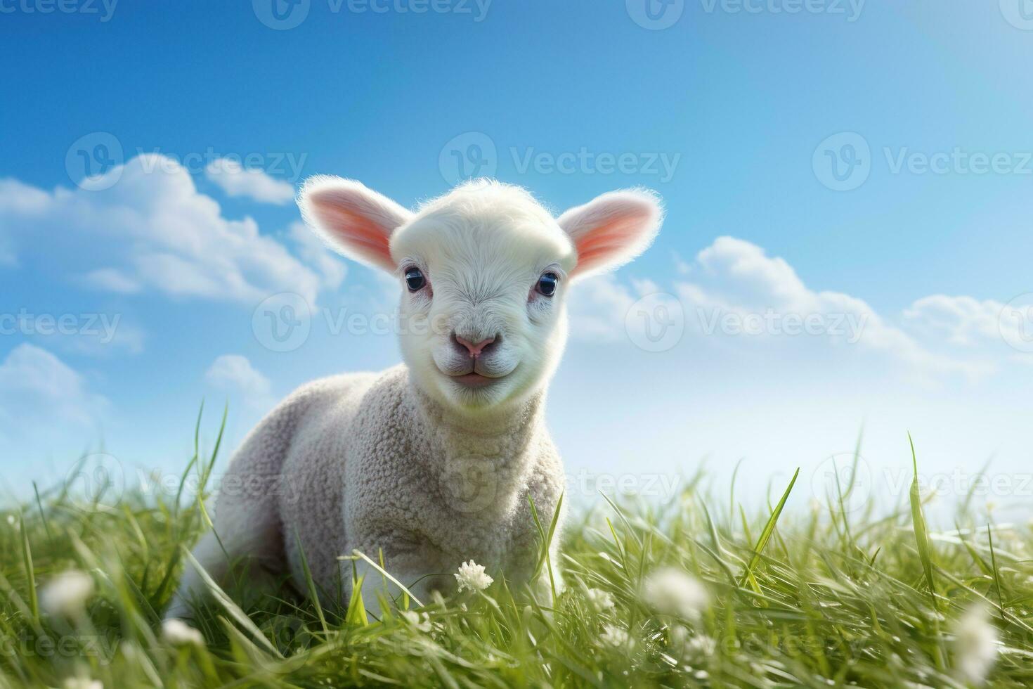 Cute lamb on green grass under blue sky with white clouds. AI generated photo