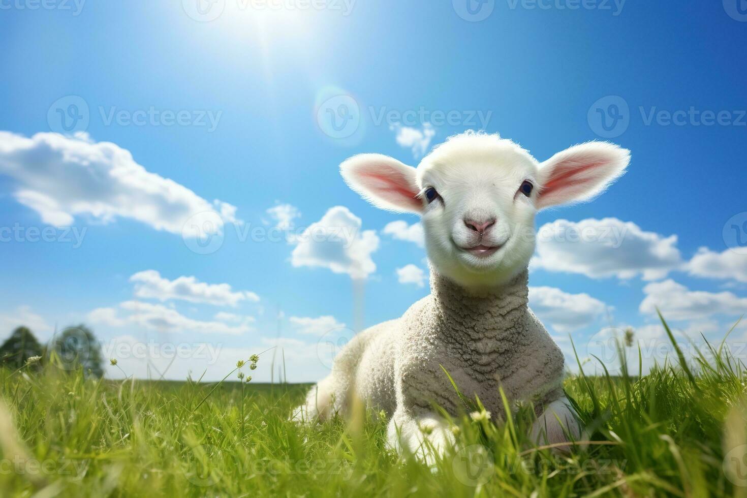 Cute lamb on green grass under blue sky with white clouds. AI generated photo