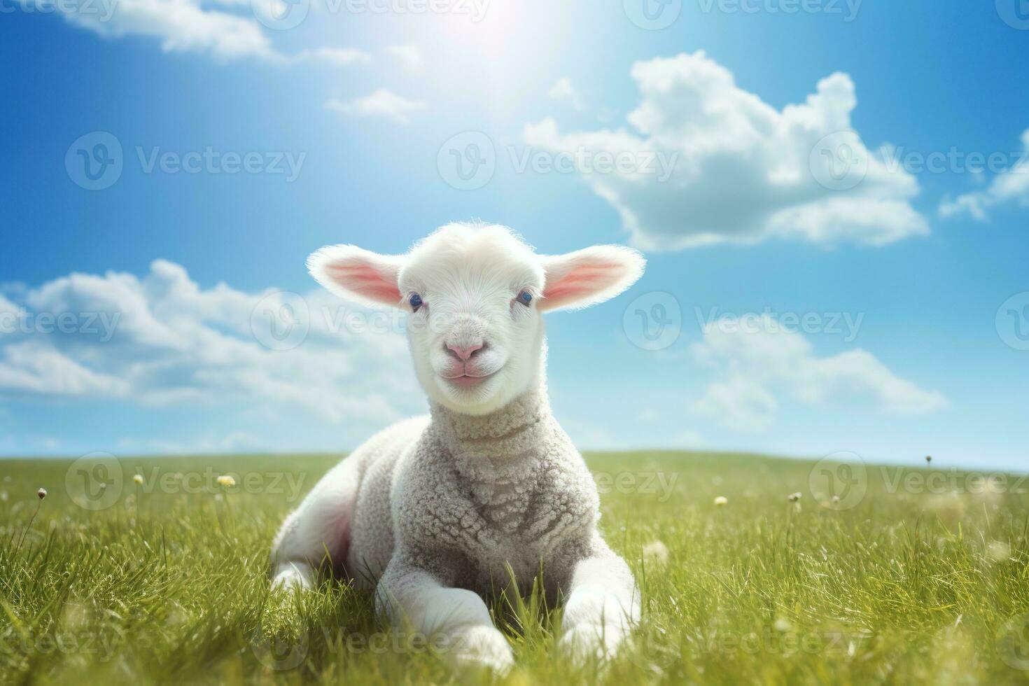 Cute lamb on green grass under blue sky with white clouds. AI generated photo
