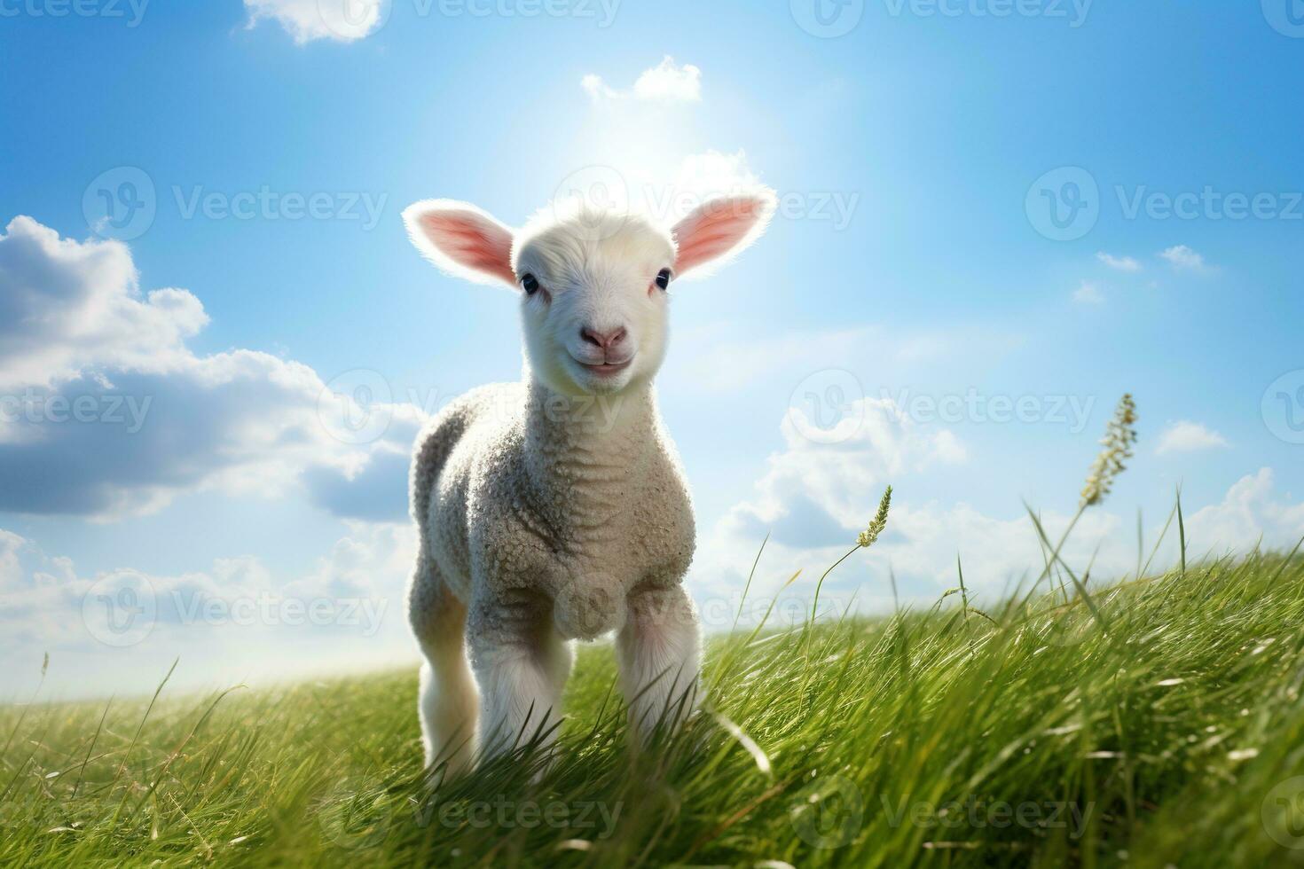 Cute lamb on green grass under blue sky with white clouds. AI generated photo
