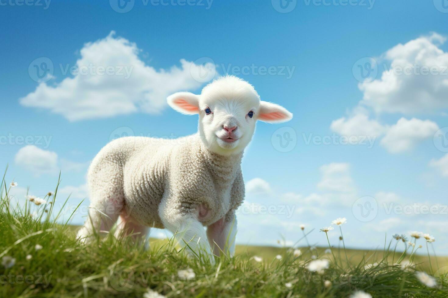 Cute lamb on green grass under blue sky with white clouds. AI generated photo