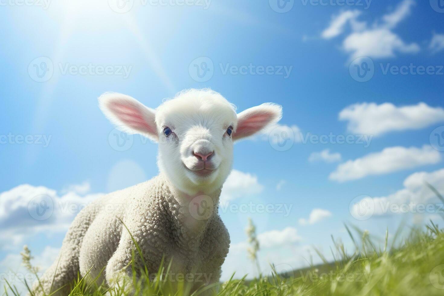 Cute lamb on green grass under blue sky with white clouds. AI generated photo