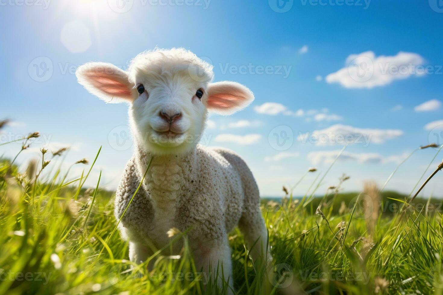 Cute lamb on green grass under blue sky with white clouds. AI generated photo