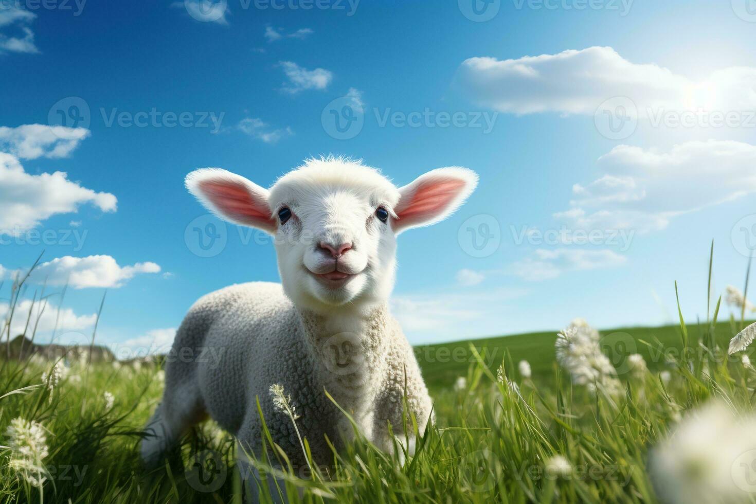 Cute lamb on green grass under blue sky with white clouds. AI generated photo