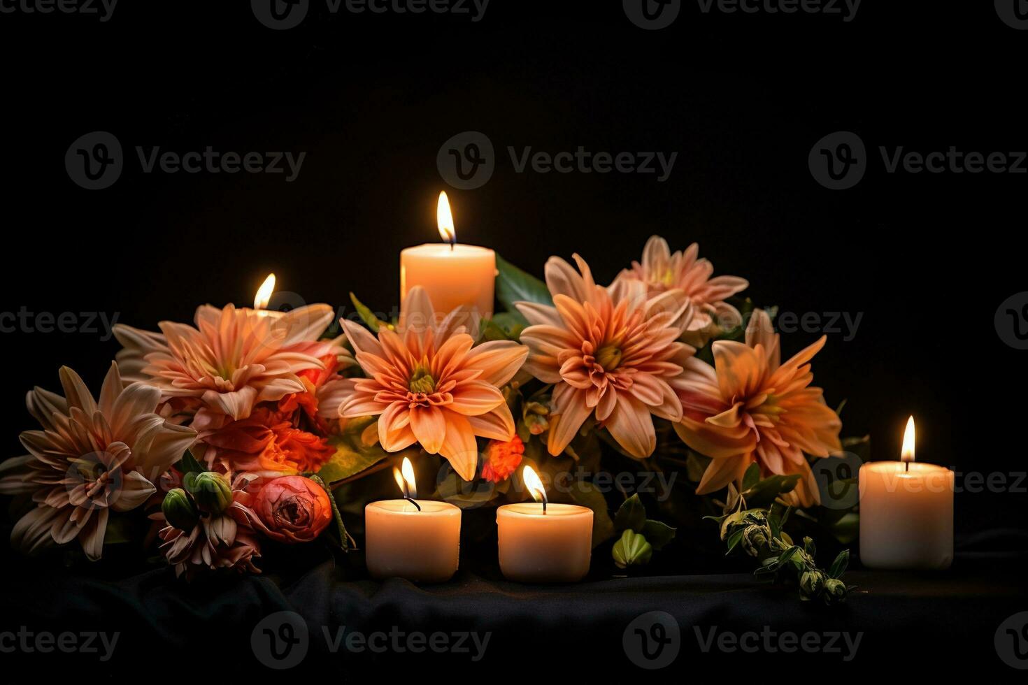 Beautiful flowers and candles on black background.Funeral Concept AI generated photo