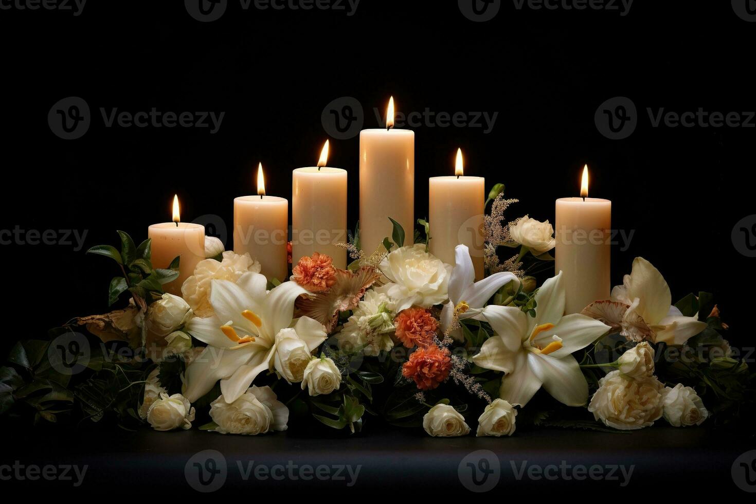 hermosa flores y velas en negro fondo.funeral concepto ai generado foto