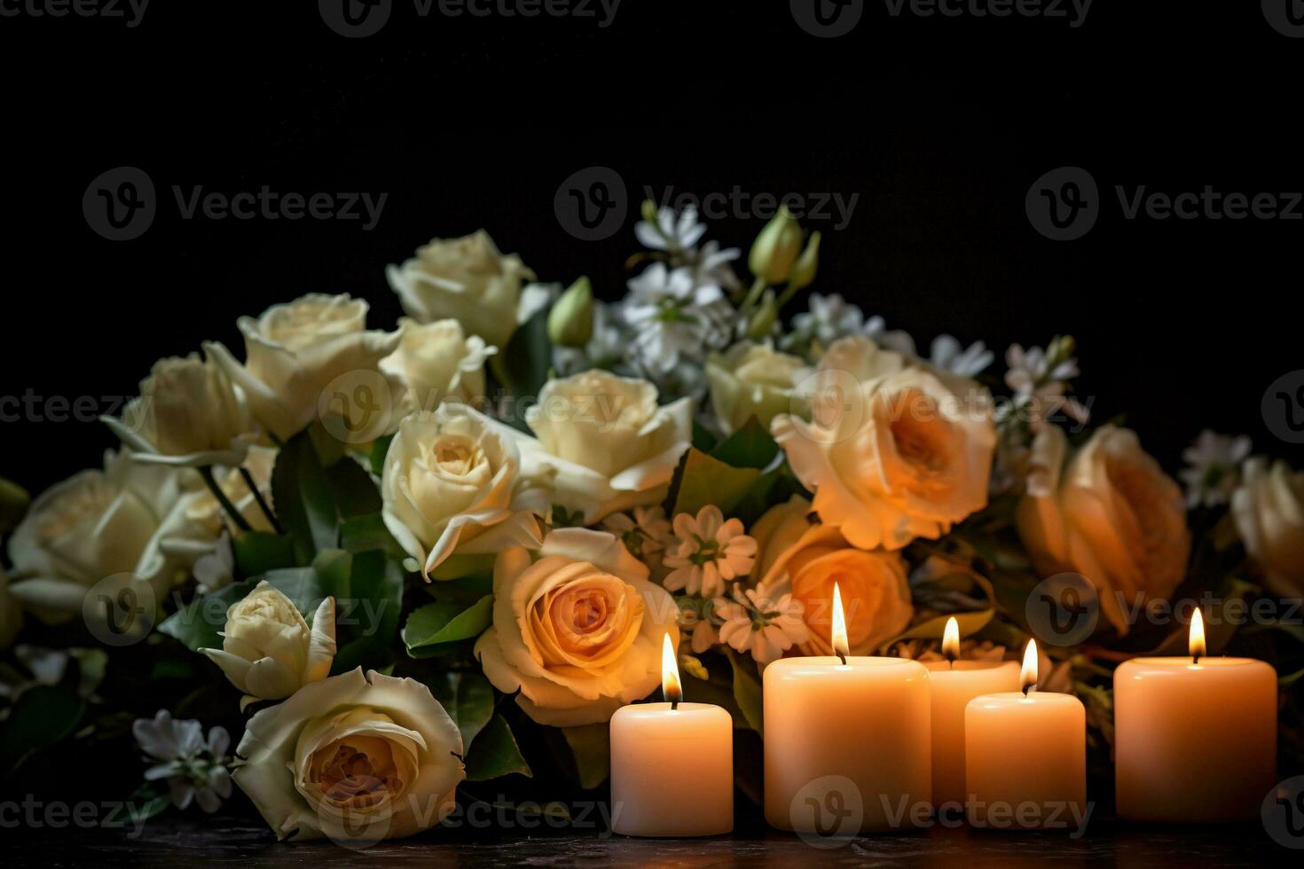 Beautiful flowers and candles on black background.Funeral Concept AI generated photo