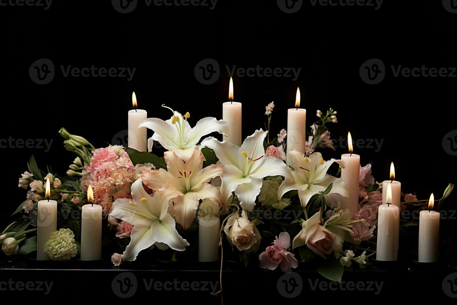 Beautiful flowers and candles on black background.Funeral Concept AI generated photo