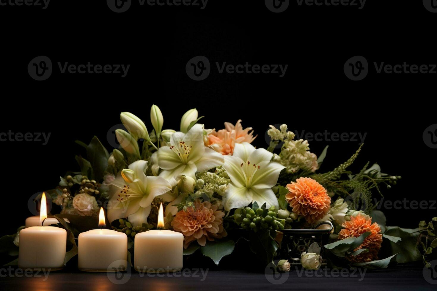 Beautiful flowers and candles on black background.Funeral Concept AI generated photo