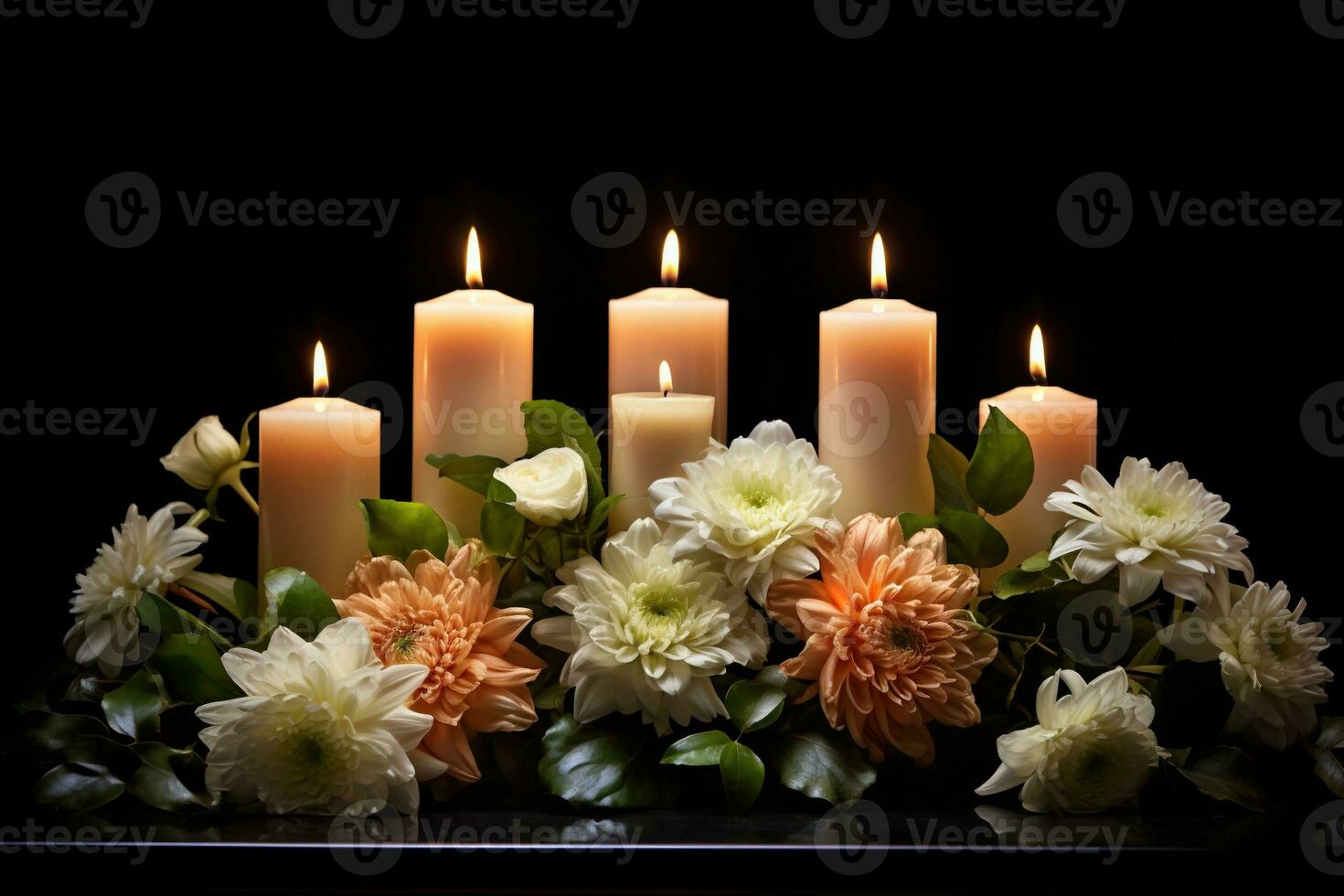 Beautiful flowers and candles on black background.Funeral Concept AI generated photo