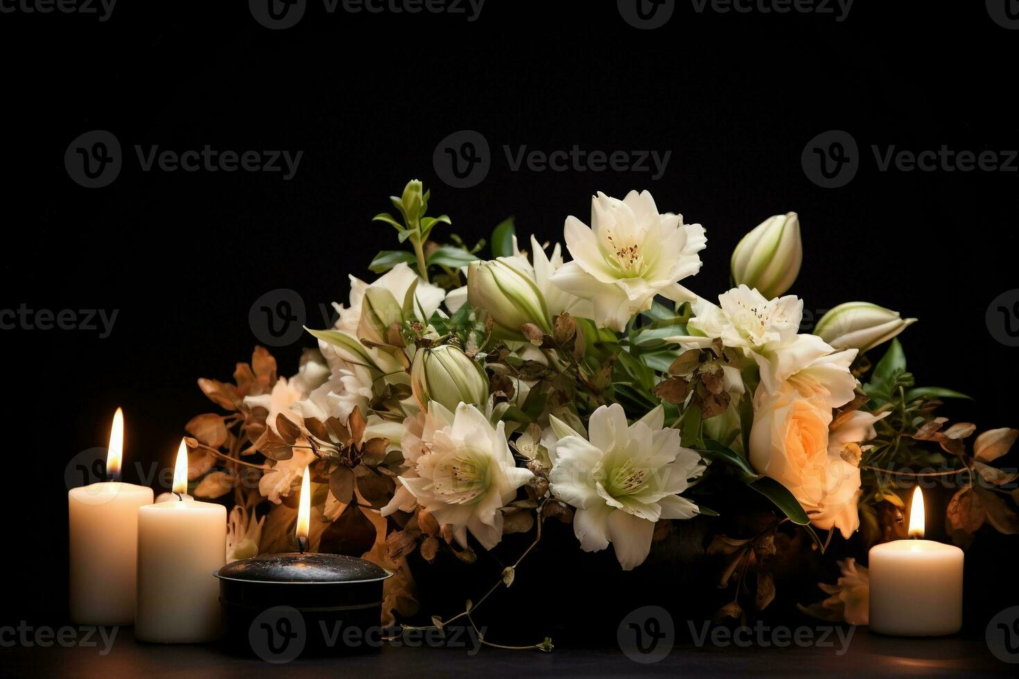 Beautiful flowers and candles on black background.Funeral Concept AI generated photo