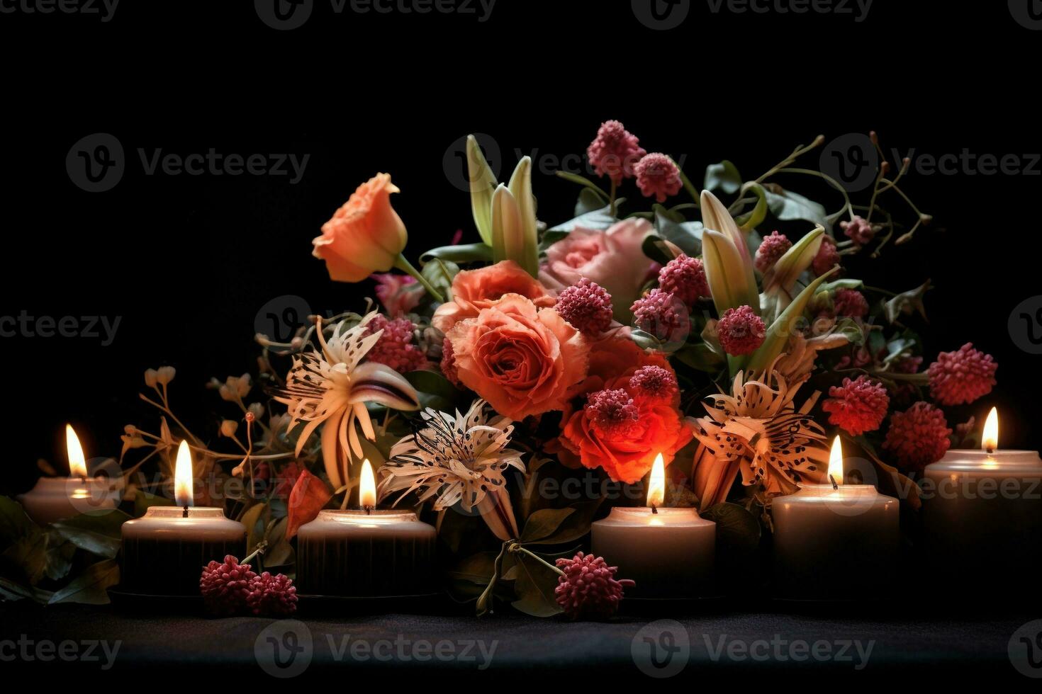 Beautiful flowers and candles on black background.Funeral Concept AI generated photo
