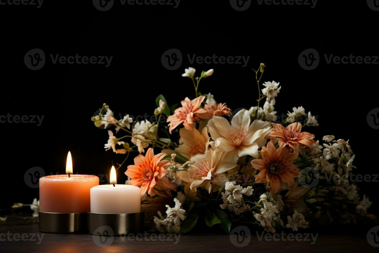 Beautiful flowers and candles on black background.Funeral Concept AI generated photo