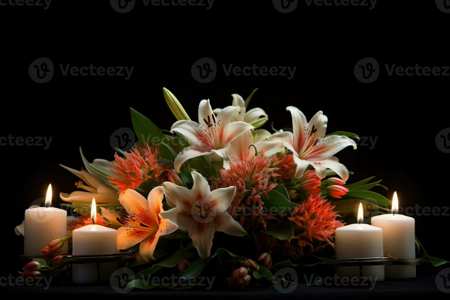 Beautiful flowers and candles on black background.Funeral Concept AI generated photo