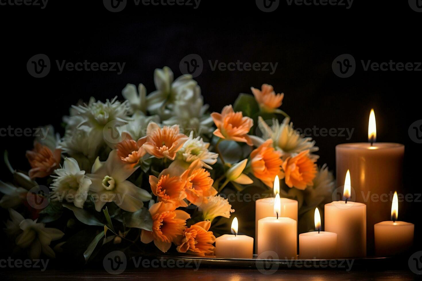 Beautiful flowers and candles on black background.Funeral Concept AI generated photo