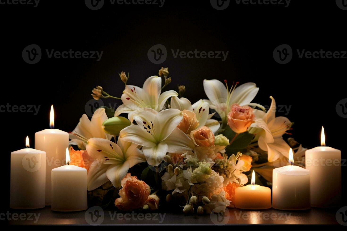 Beautiful flowers and candles on black background.Funeral Concept AI generated photo