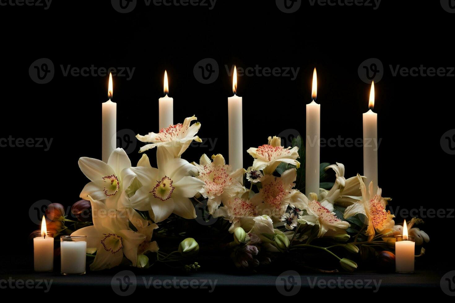 Beautiful flowers and candles on black background.Funeral Concept AI generated photo