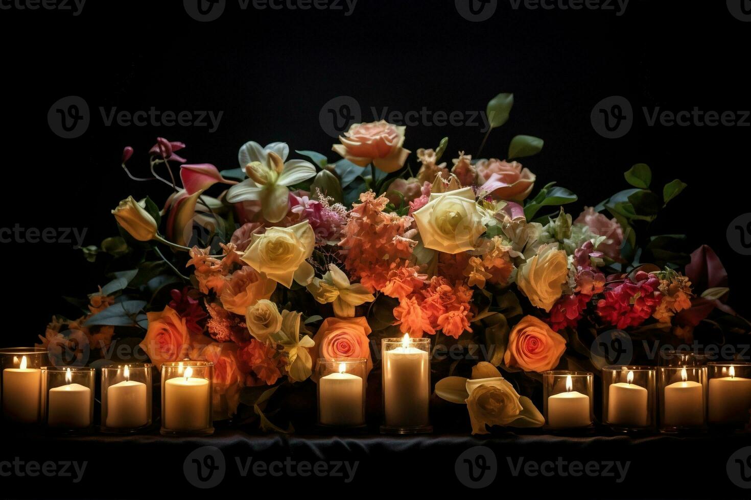 Beautiful flowers and candles on black background.Funeral Concept AI generated photo