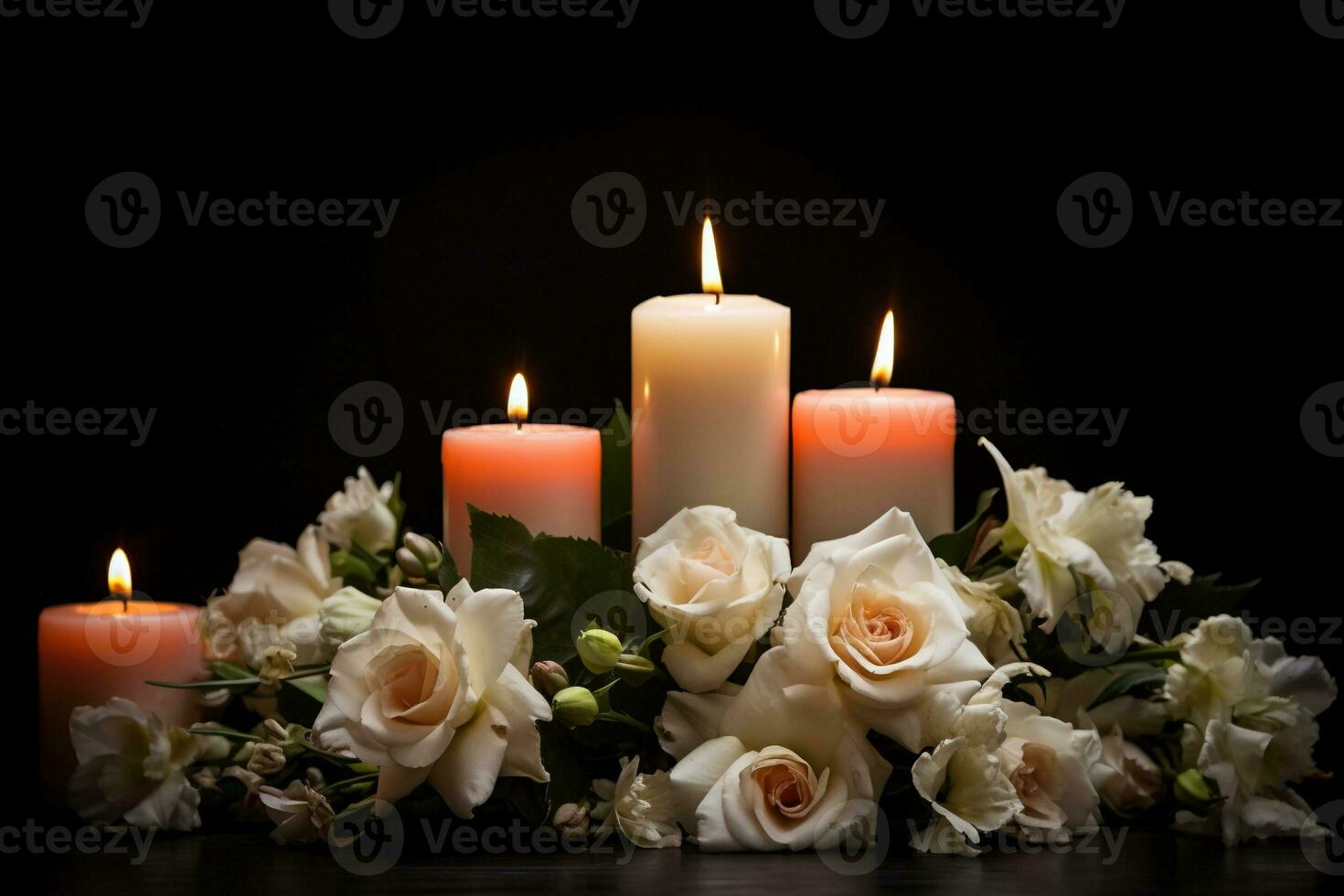 Beautiful flowers and candles on black background.Funeral Concept AI generated photo