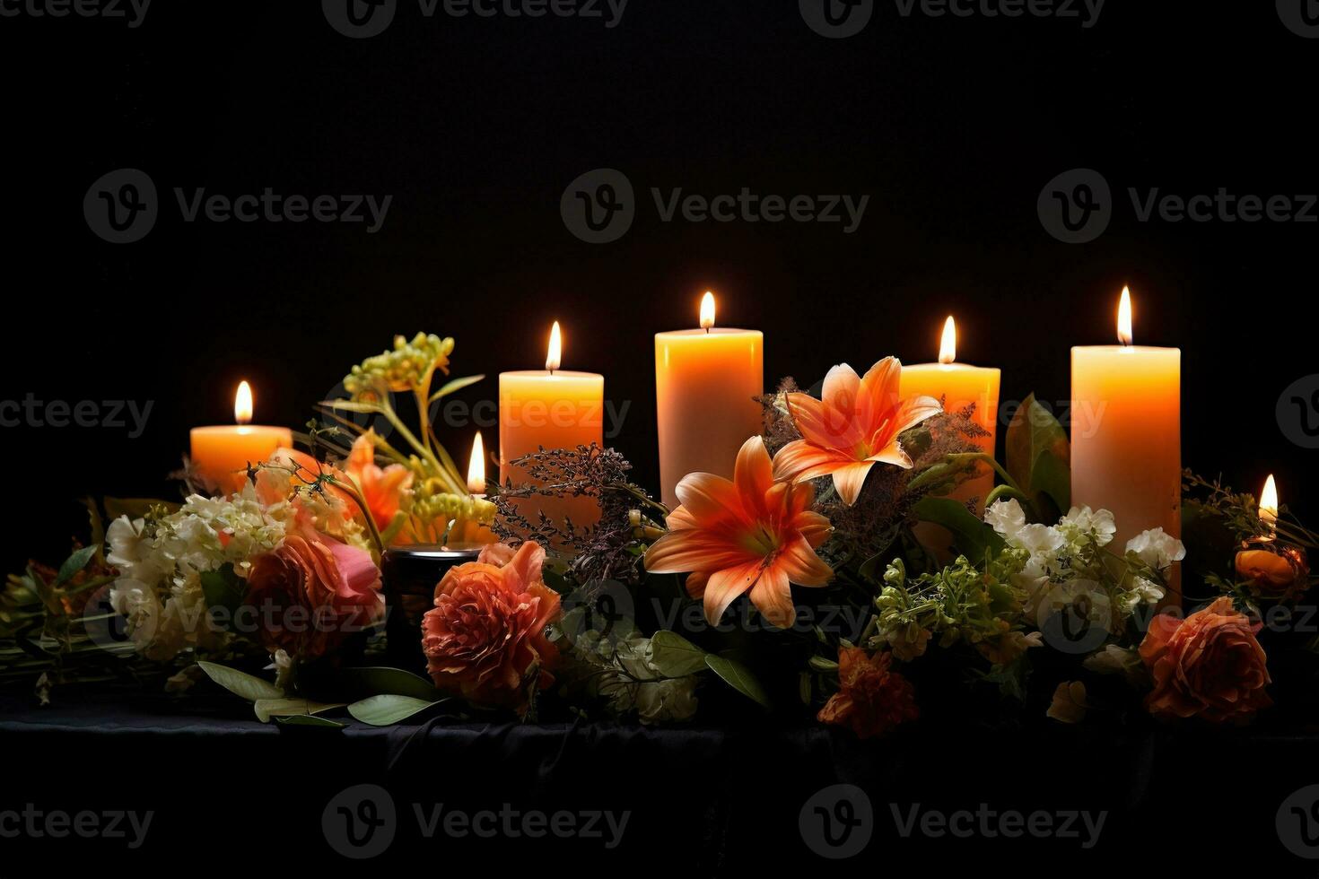 Beautiful flowers and candles on black background.Funeral Concept AI generated photo