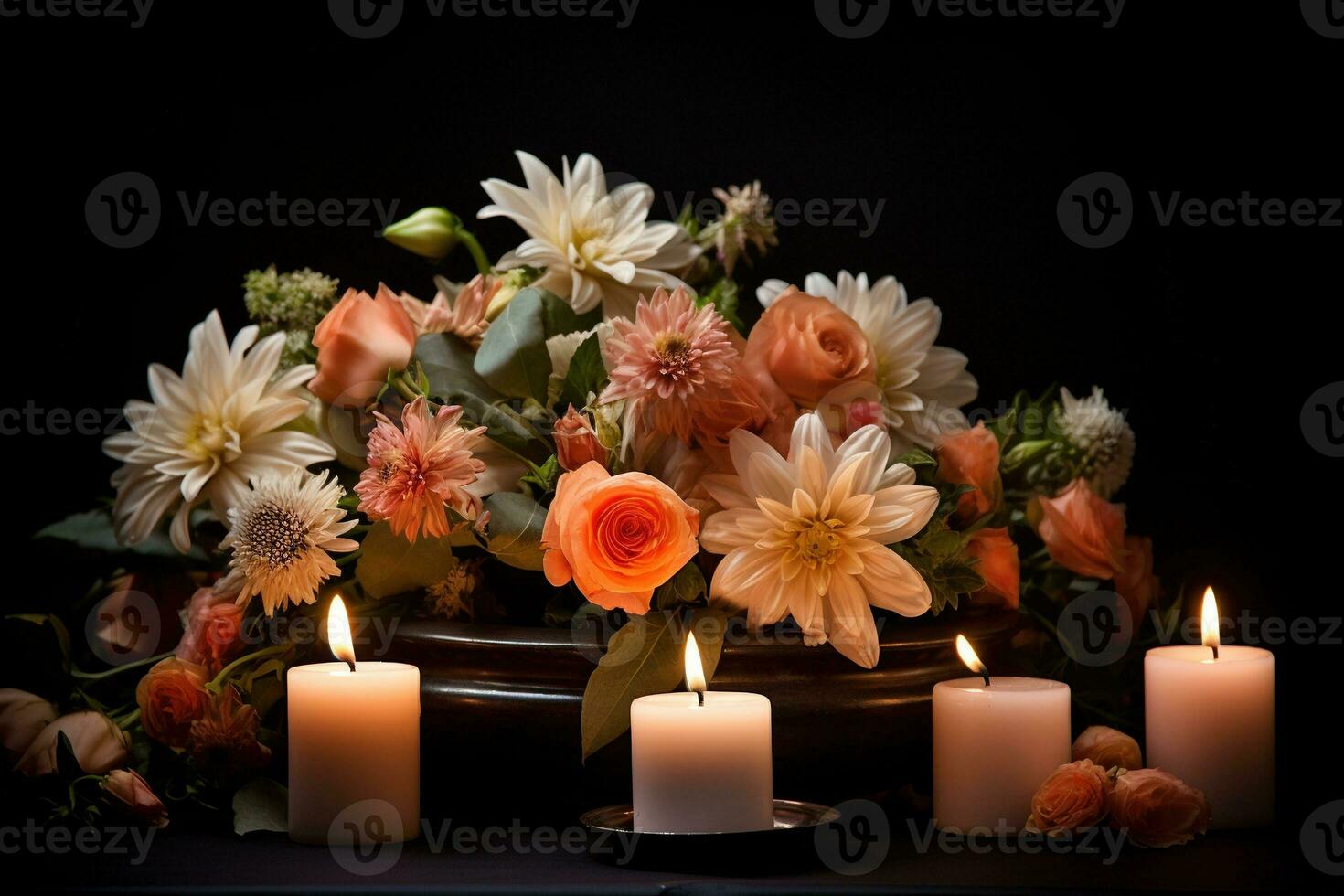 Beautiful flowers and candles on black background.Funeral Concept AI generated photo