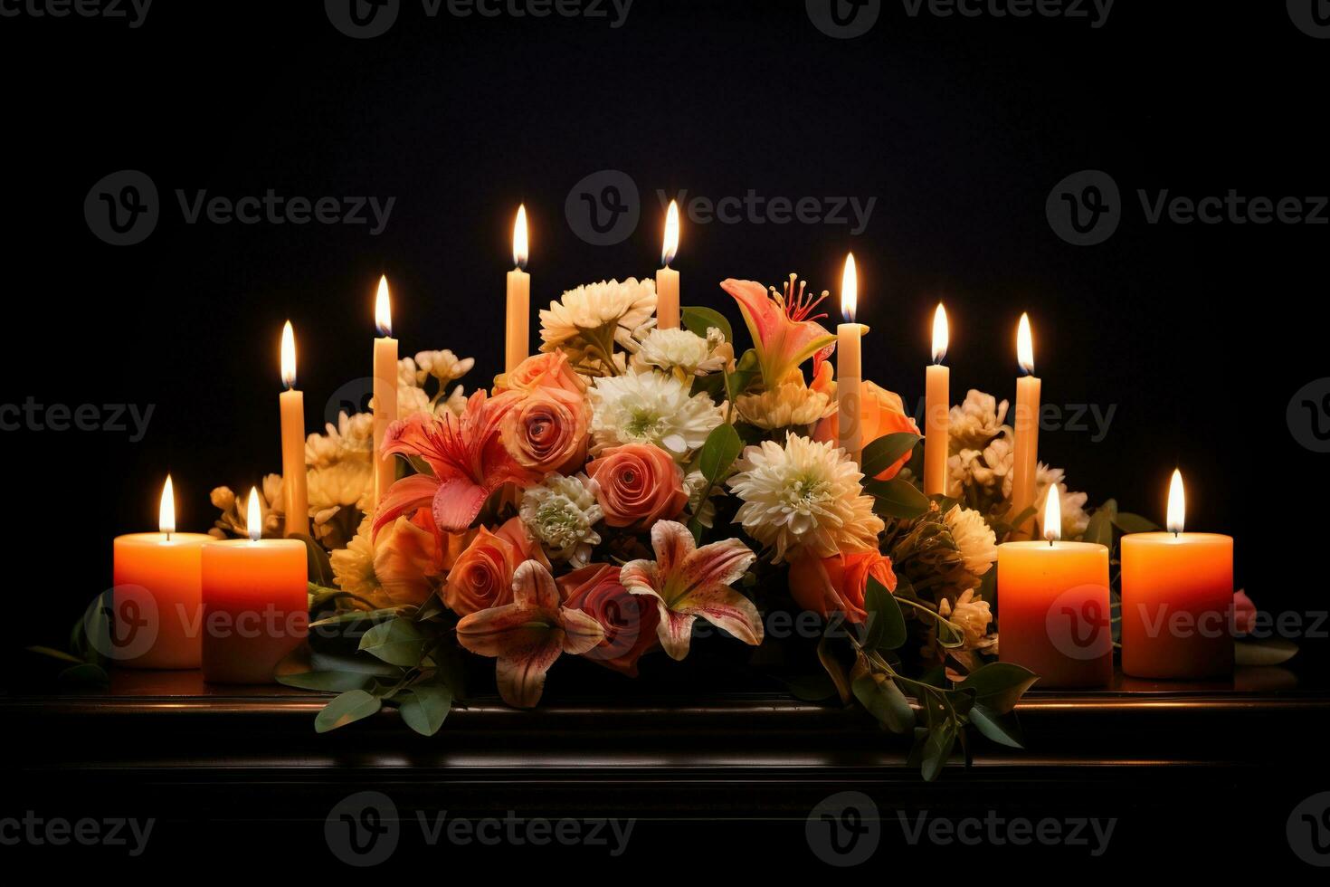 Beautiful flowers and candles on black background.Funeral Concept AI generated photo