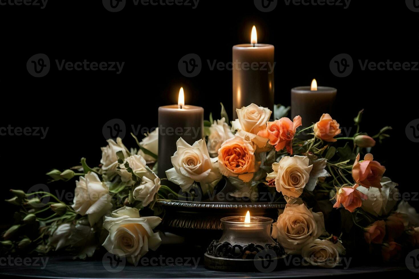 Beautiful flowers and candles on black background.Funeral Concept AI generated photo