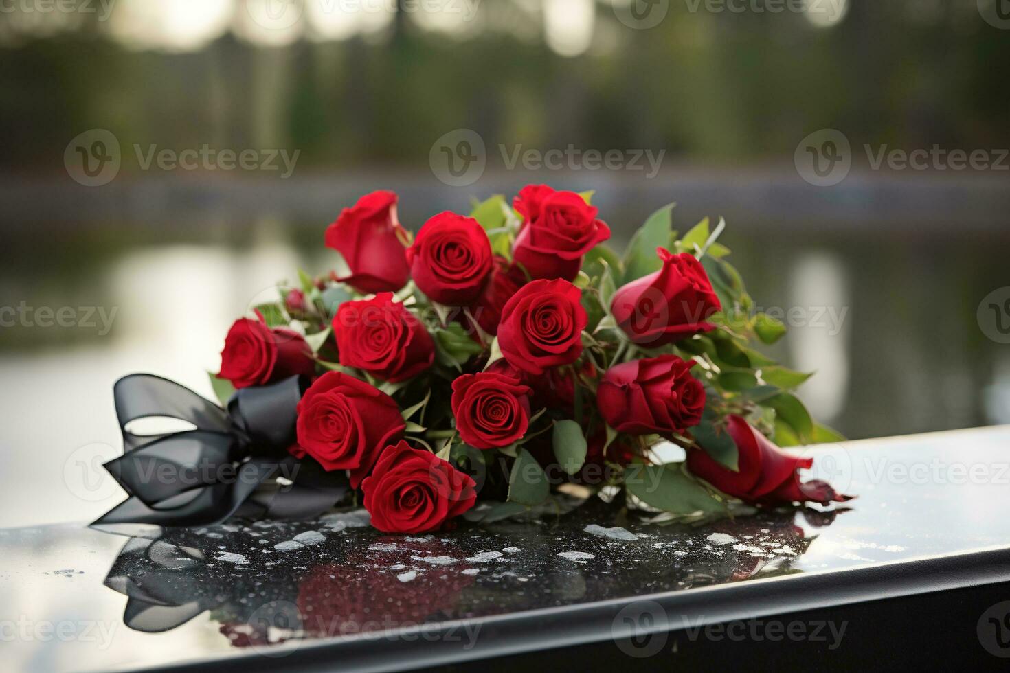 Red roses on black granite tombstone in the park, funeral concept AI generated photo