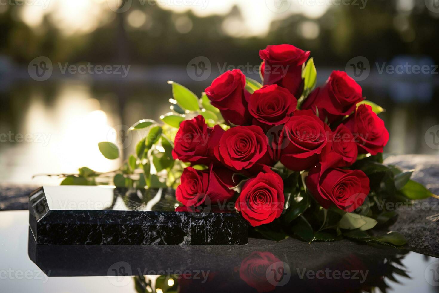 Red roses on black granite tombstone in the park, funeral concept AI generated photo