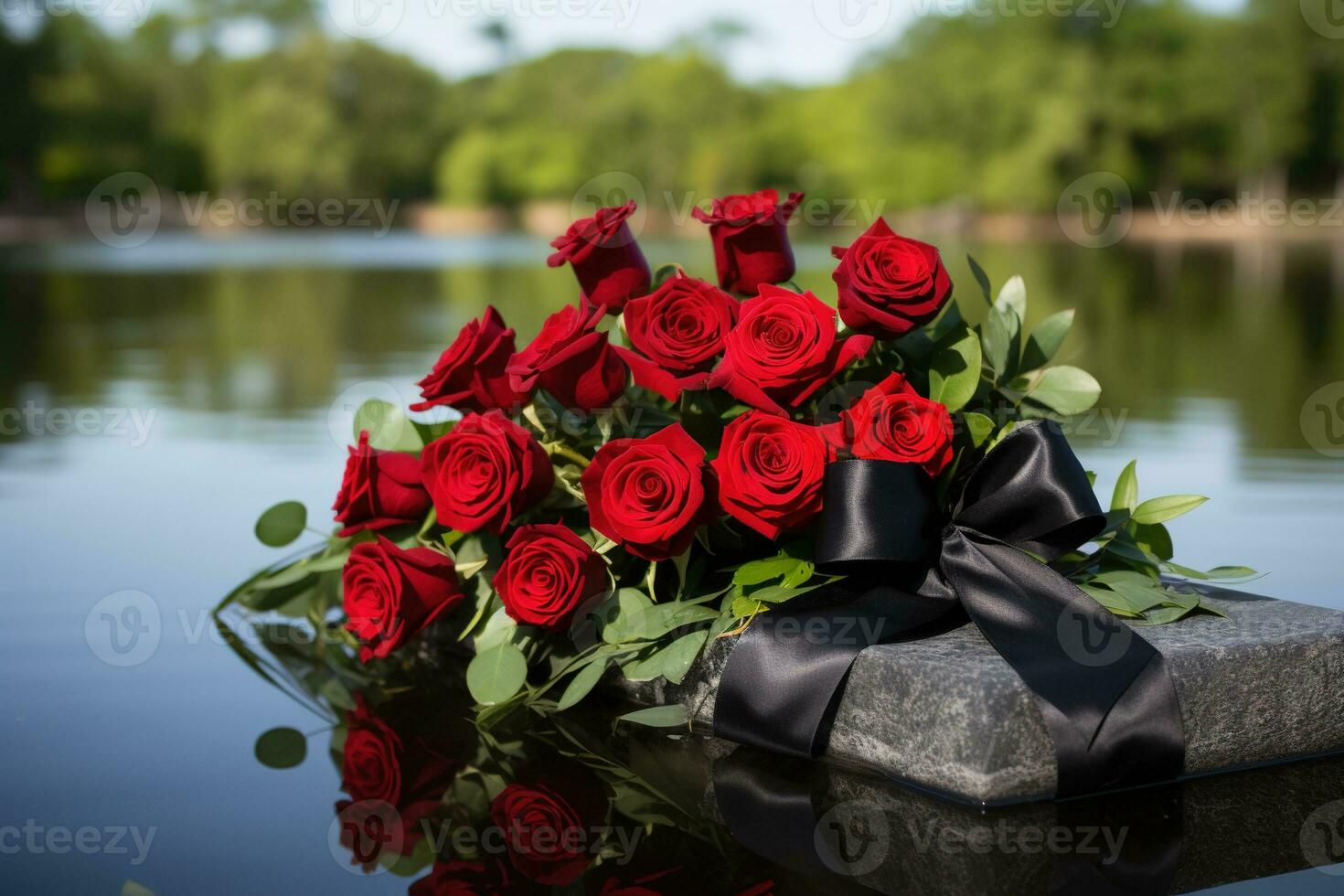 Red roses on black granite tombstone in the park, funeral concept AI generated photo