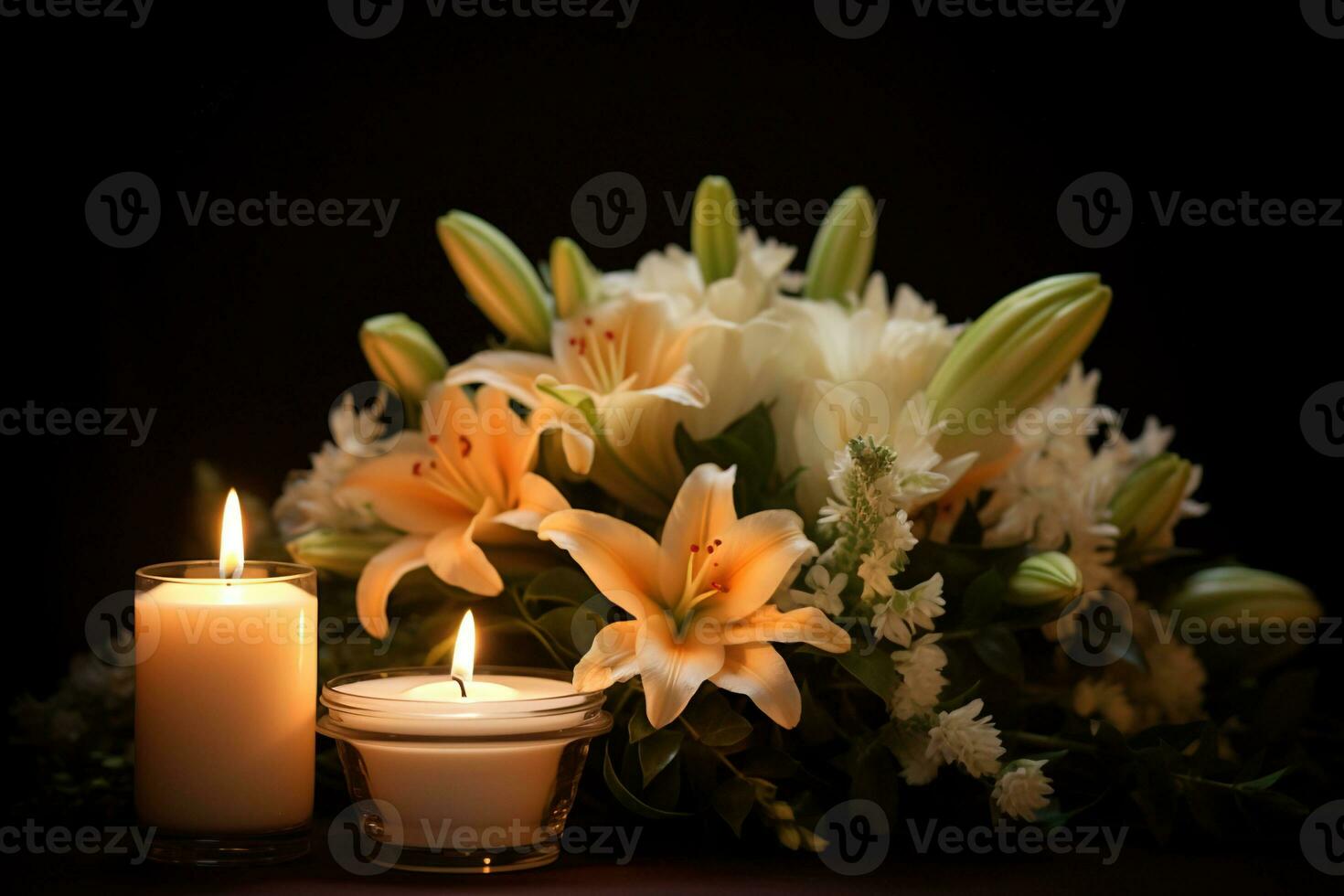 Beautiful flowers and candles on black background.Funeral Concept AI generated photo