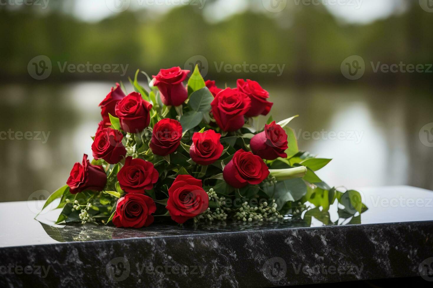 Red roses on black granite tombstone in the park, funeral concept AI generated photo