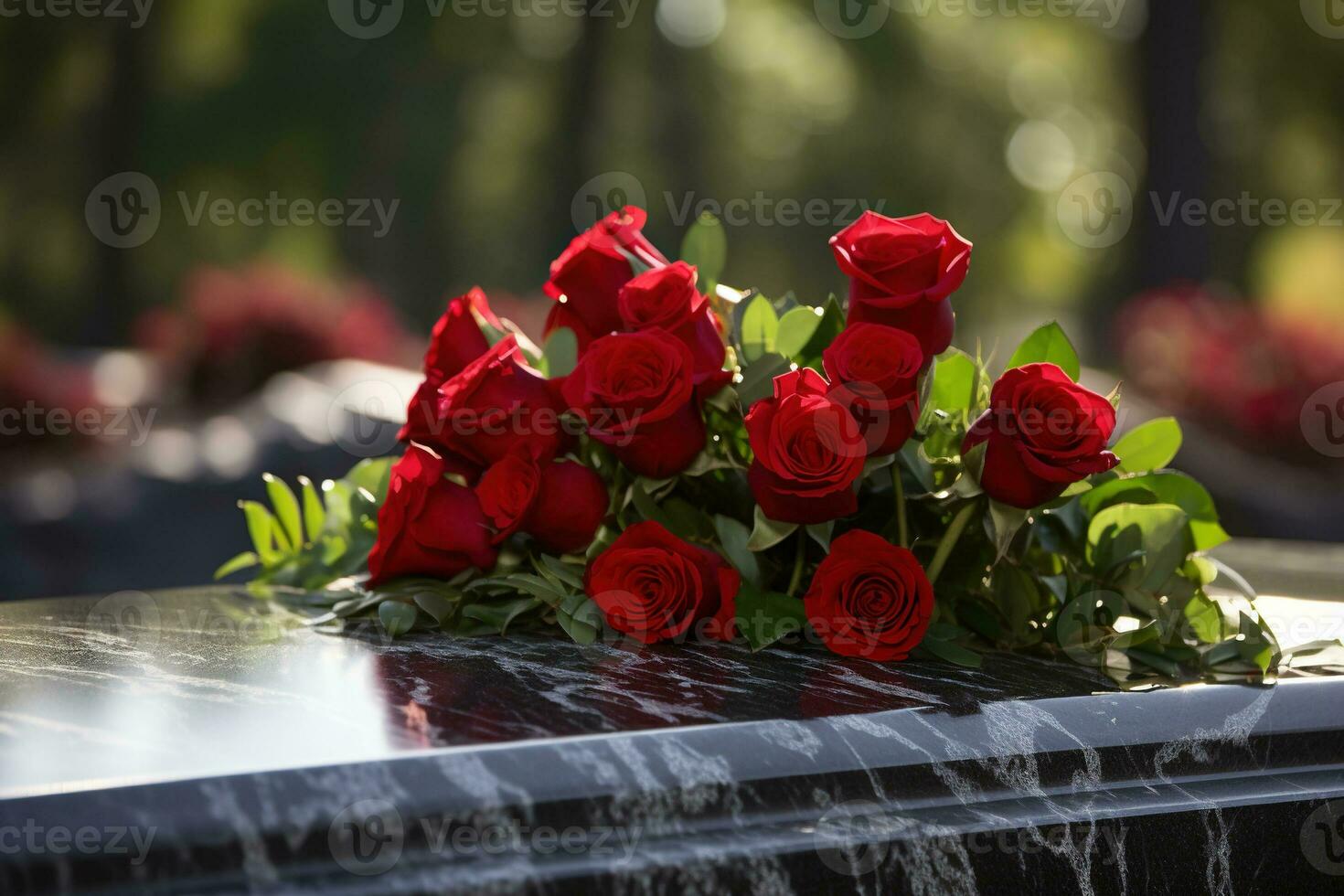 Red roses on black granite tombstone in the park, funeral concept AI generated photo