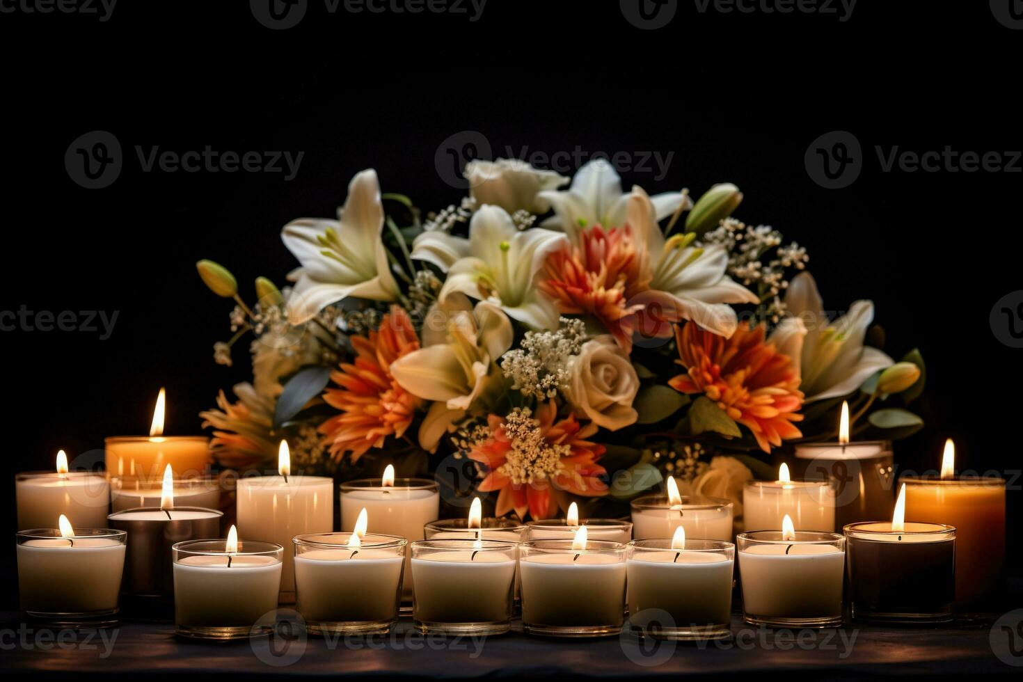 Beautiful flowers and candles on black background.Funeral Concept AI generated photo