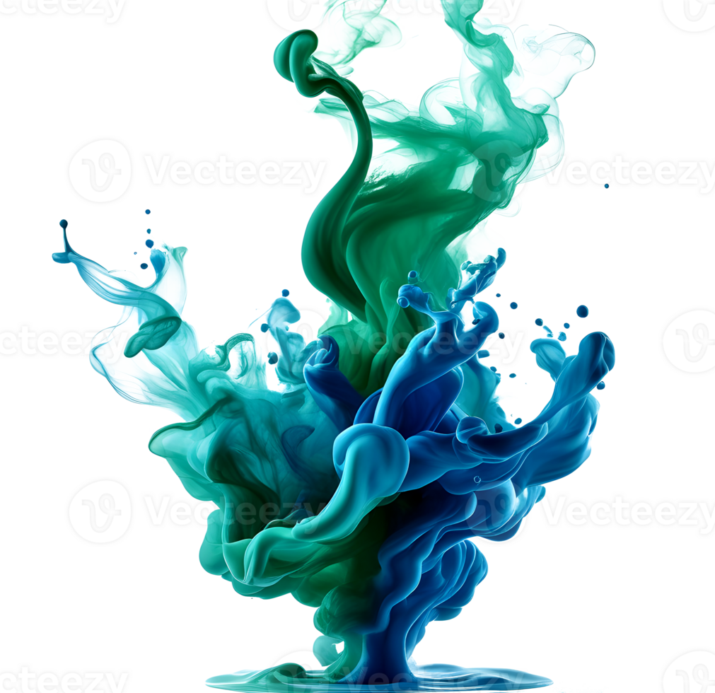 AI generated Blue and green color paint splashes smoke clouds isolated on a transparent background, green and blue smoke - Generative AI png
