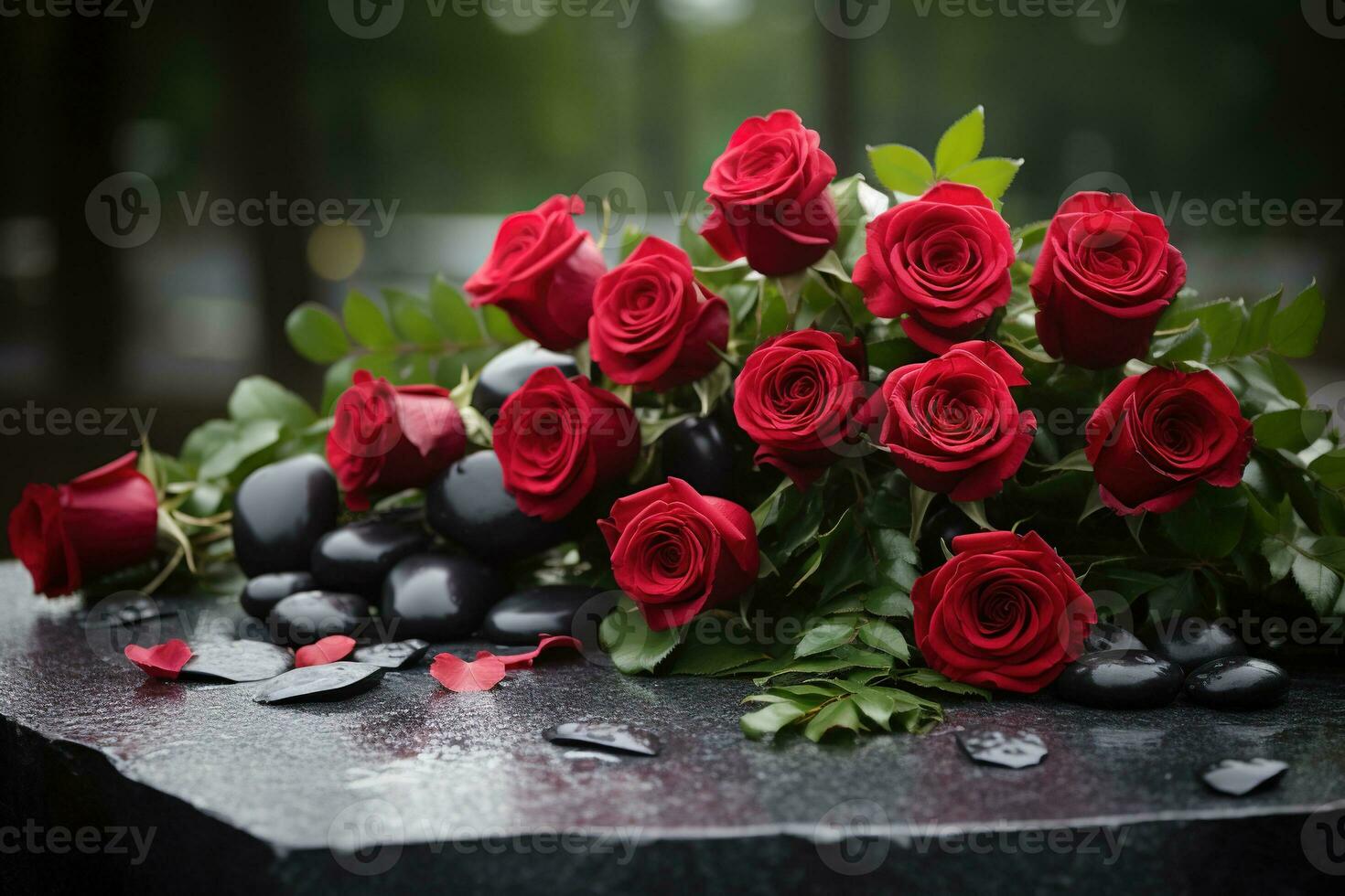 Red roses on black granite tombstone in the park, funeral concept AI generated photo