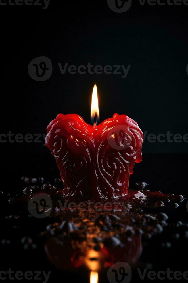 rojo corazón conformado vela en negro antecedentes. San Valentín día concepto. ai generado foto