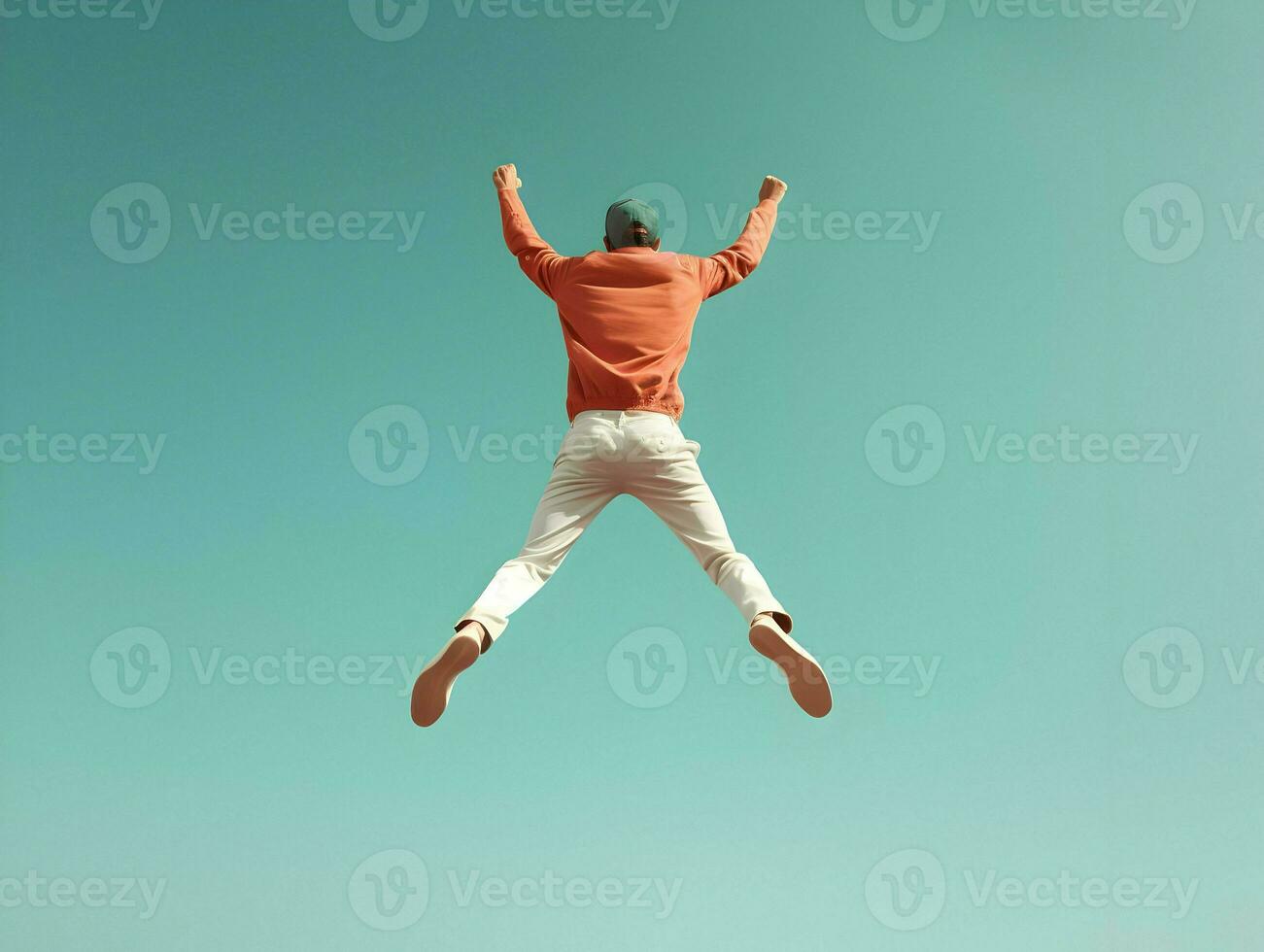 Back view photo of jumping happy man minimalism. High-resolution. AI Generative