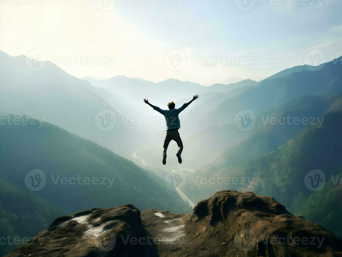 Back view photo of jumping happy man in mountains background. High-resolution. AI Generative