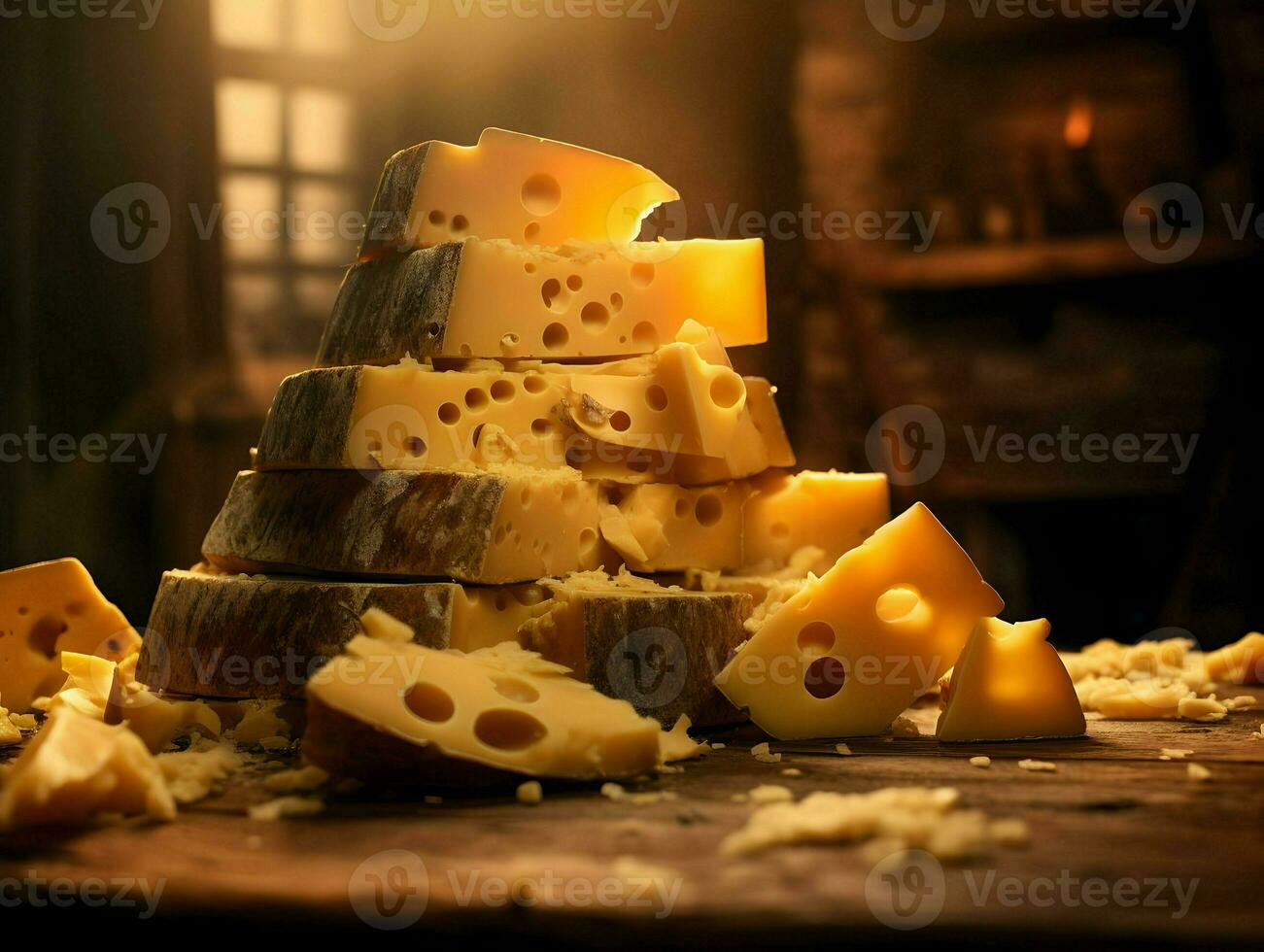 Cinematic photo of cheese on a dark background. High-resolution. AI Generative