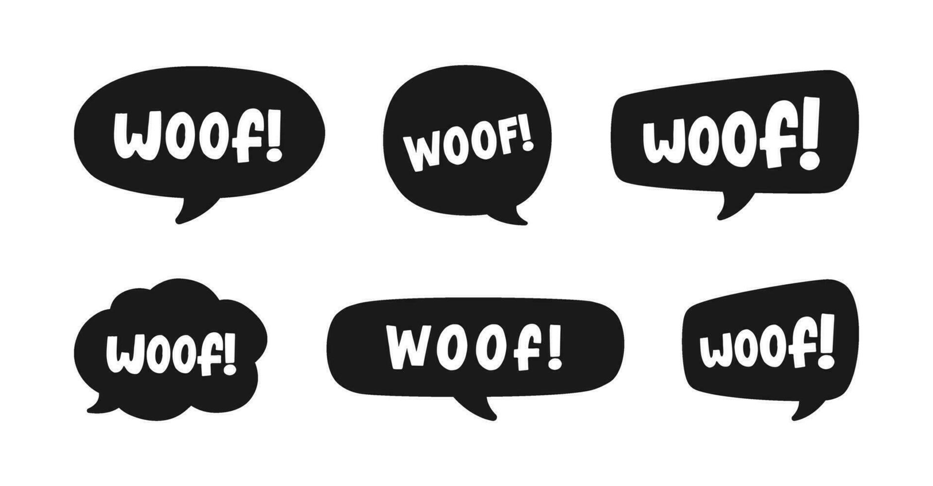 Woof text in a speech bubble balloon silhouette set. Cute cartoon comics dog bark sound effect and lettering. Vector illustration.