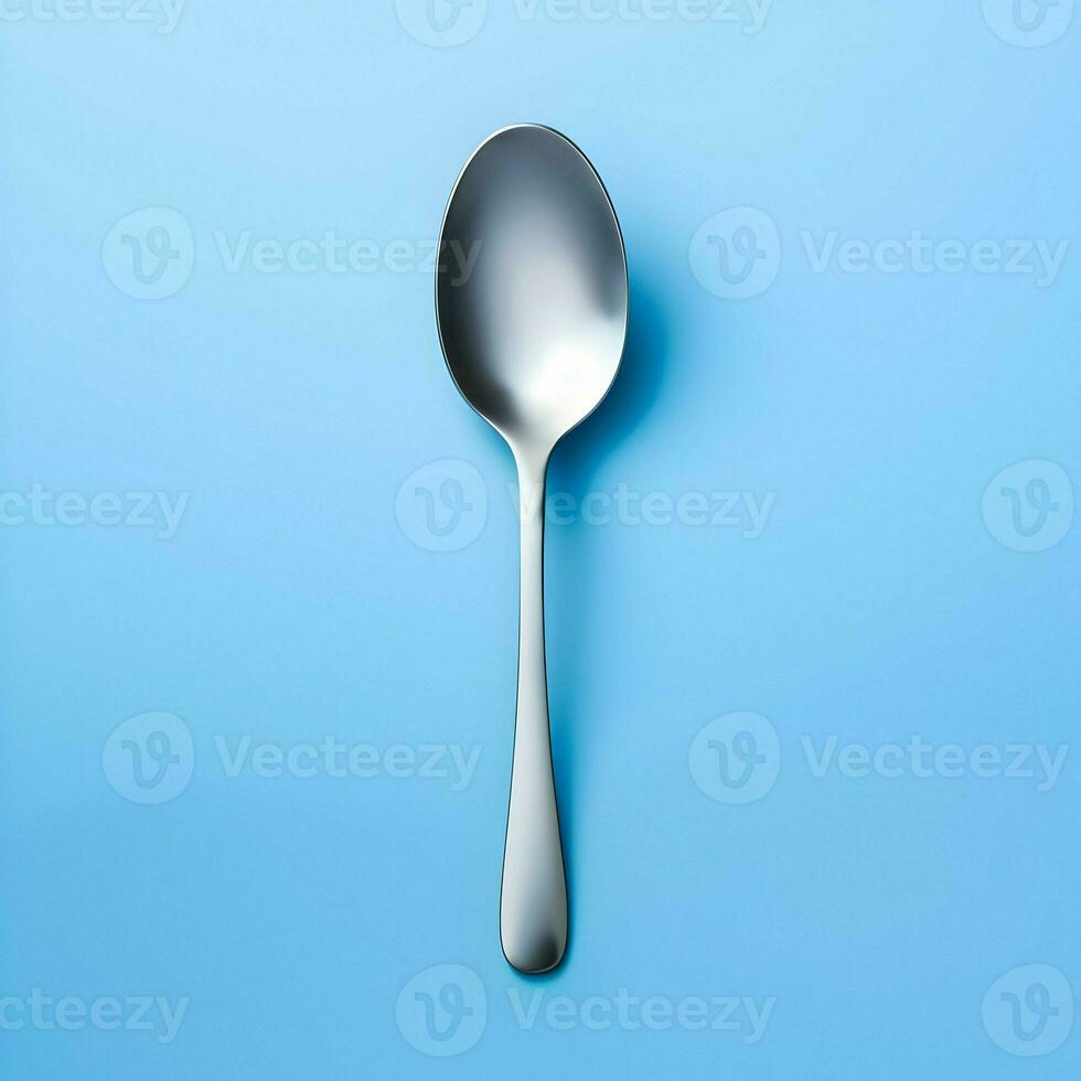 Metalic spoon on blue background minimalism. High-resolution. AI Generative photo
