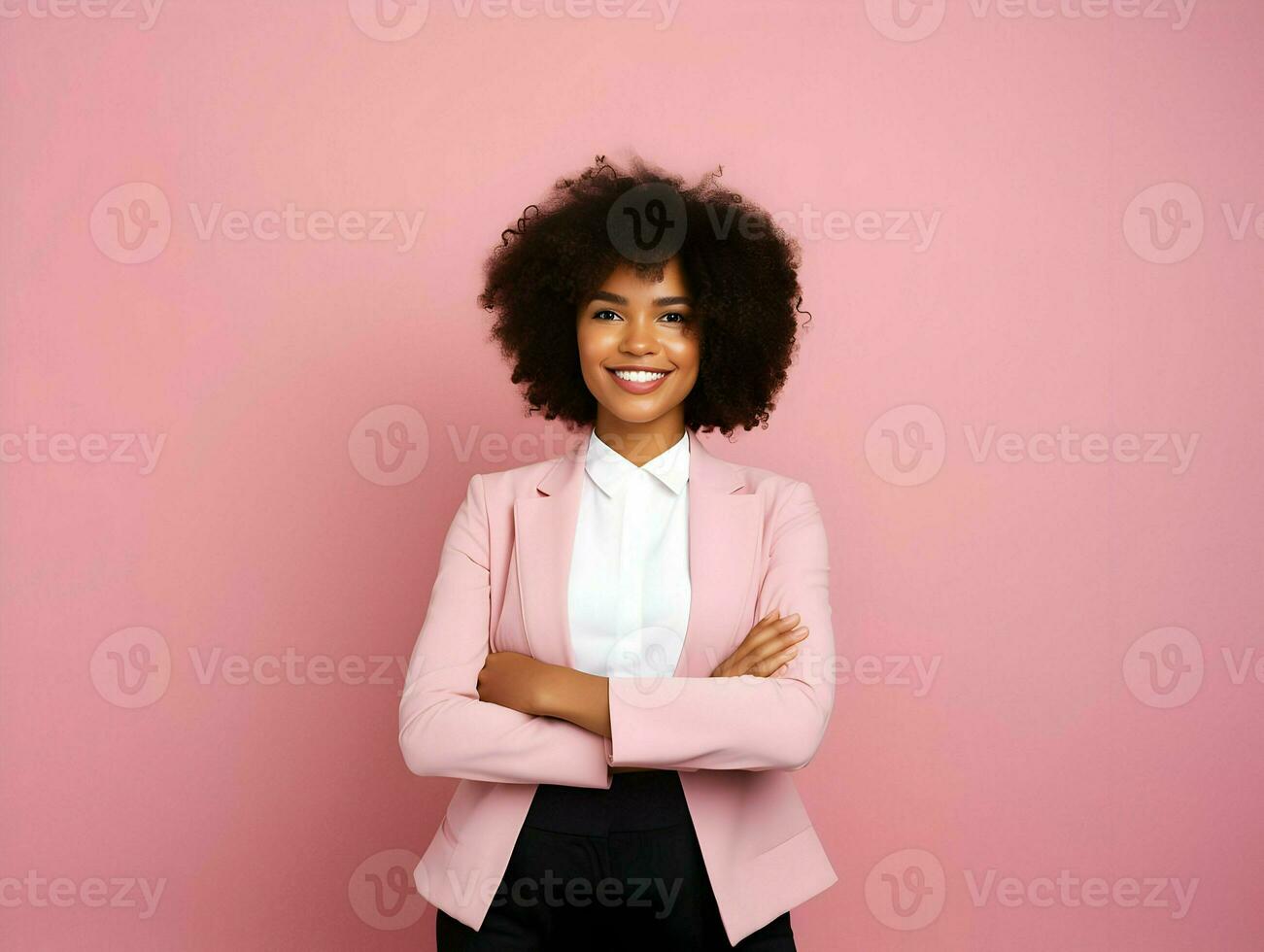 A young dark-skinned businesswoman smiling and looking at the camera on a pink background. High-resolution. AI Generative photo