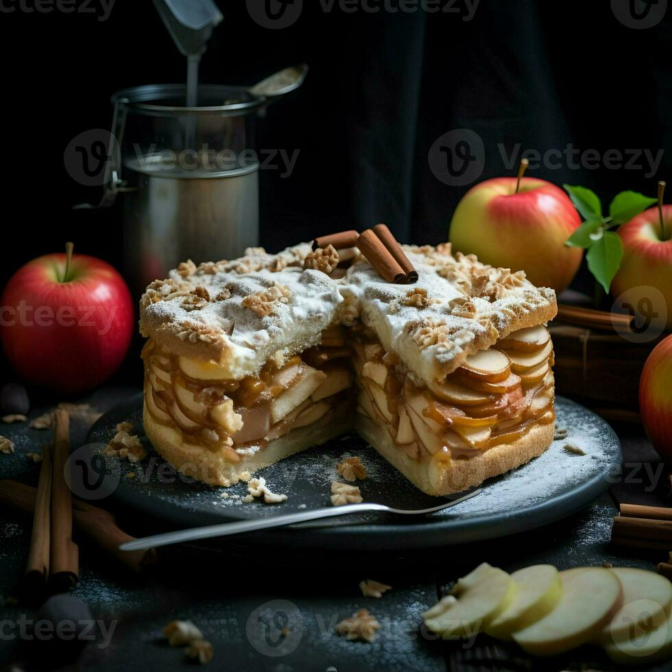 Apple pie with cinnamon on dark background. High quality. AI Generative photo