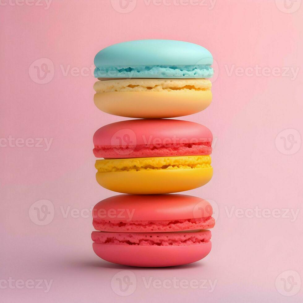 Macarons stacked on top of each other minimalism bright colors on pink background. High-resolution. AI Generative photo